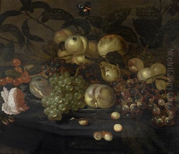 Fruchte- Und Blumenstilleben Mit Schmetterling Und Insekten Oil Painting by Bartholomeus Assteyn