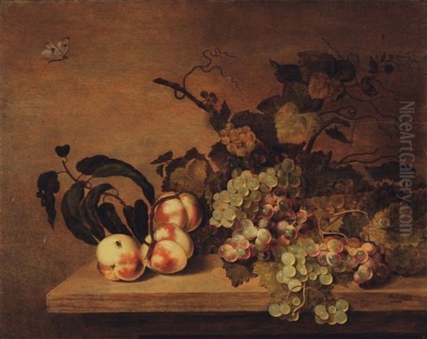 Nature Morte Aux Peches, Raisins Et Papillons Oil Painting by Bartholomeus Assteyn