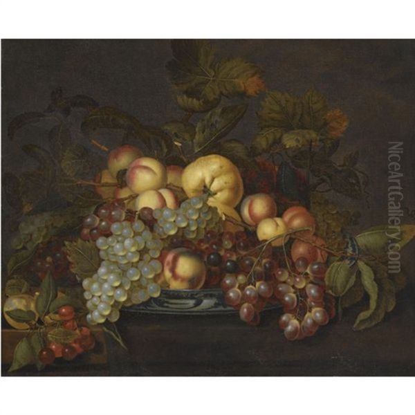 A Still Life With Grapes, Peaches And Other Fruit In A Porcelain Dish On A Partially-draped Table Oil Painting by Bartholomeus Assteyn