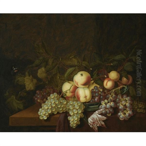 Still Life Of Peaches And Grapes In A Wan-li Porcelain Bowl, Together With A Butterfly, All Arranged On A Table Partly Draped With A Red Cloth Oil Painting by Bartholomeus Assteyn