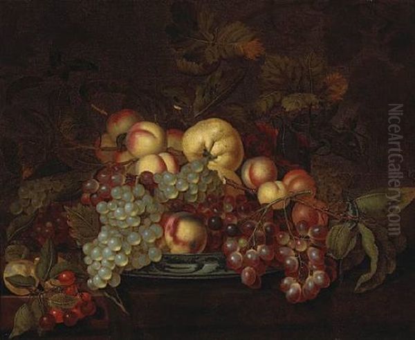 A Still Life With Grapes, Peaches And Other Fruit In A Porcelain Dish On A Partially-draped Table Oil Painting by Bartholomeus Assteyn