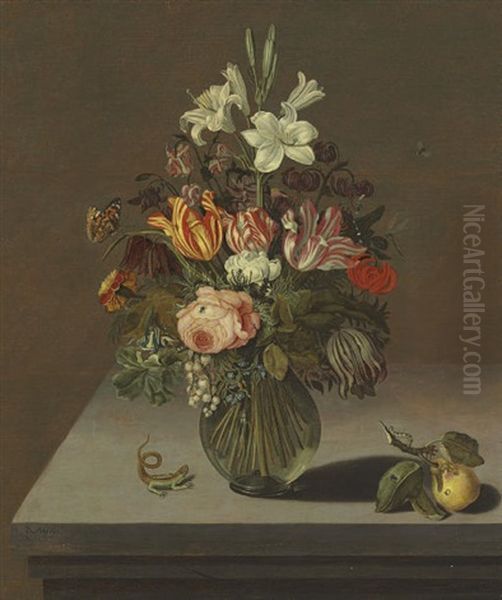 Roses, Tulips, Lilies And Other Flowers In A Glass Vase On A Stone Ledge Oil Painting by Bartholomeus Assteyn