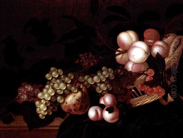 A Still Life Of Peaches, Cherries, Grapes And Apples In A Basket, All Resting On A Partially Draped Ledge Oil Painting by Bartholomeus Assteyn