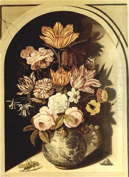 A Still Life With Roses, Tulips, Carnations, Lily-of-the-valley, Marigolds, Forget-me-nots, Columbine, A Snake's Head Fritillary And Other Flowers In A Decorated Blue Porcelain Vase Oil Painting by Bartholomeus Assteyn