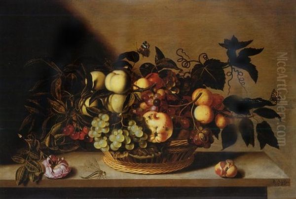 Grapes, Cherries, Peaches And Other Fruit In A Basket, With A Rose And A Dragonfly On A Stone Ledge Oil Painting by Bartholomeus Assteyn