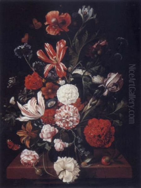 Fleurs Dans Un Vase Et Papillons Rouges, Sur Un Entablement Oil Painting by Bartholomeus Assteyn