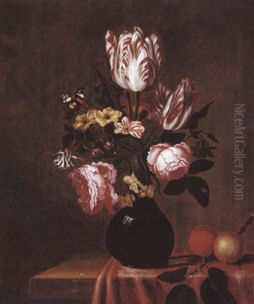 Nature Morte De Fleurs Avec Tulipes, Roses, Hyacinthes... Et Un Papillon Rouge, Sur Un Entablement Oil Painting by Bartholomeus Assteyn