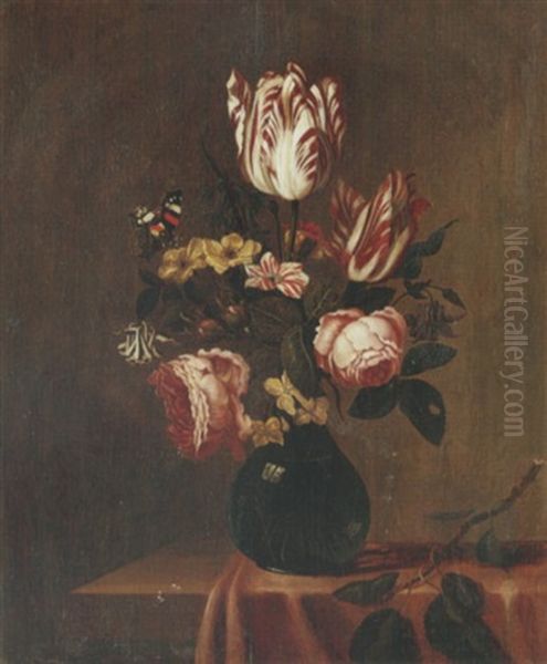 A Still Life Of Tulips, Roses, Hyacinths And Other Flowers, With A Red Admiral Butterfly, Arranged Upon A Table Oil Painting by Bartholomeus Assteyn