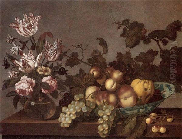 Still Life Of Peaches, Grapes And A Pear In A Porcelain Bowl, Together With Variegated Tulips And Roses In A Glass Vase, Upon A Stone Ledge Oil Painting by Bartholomeus Assteyn