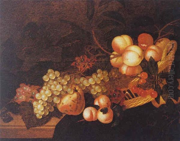 A Still Life Of Peaches, Cherries, Grapes And Prunes In A Basket, All On A Wooden, Partially Draped Ledge Oil Painting by Bartholomeus Assteyn