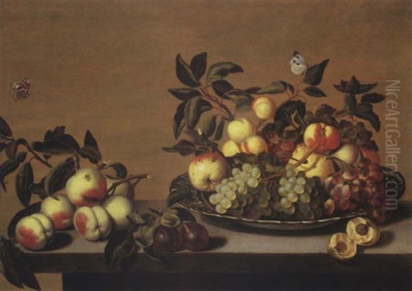 Grapes, Peaches On A Waanli Kraak Porselein Plate, With Other Fruit On A Ledge, And A Large White And A Tortoiseshell Butterfly Oil Painting by Bartholomeus Assteyn