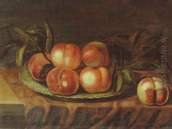 Peaches On A Porcelain Dish, On A Partly Draped Ledge Oil Painting by Bartholomeus Assteyn