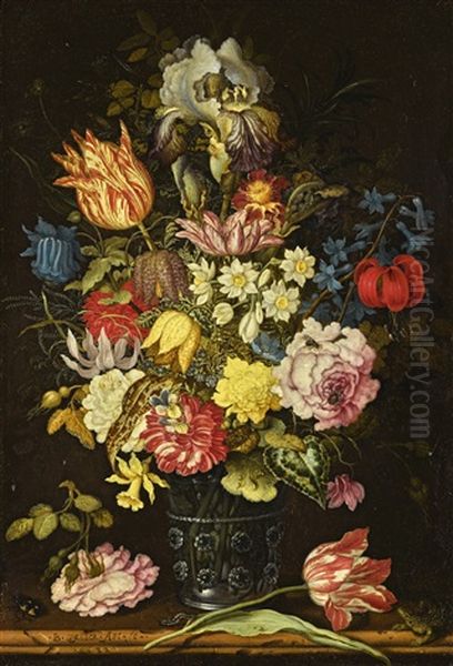 Still Life Of Flowers In A Glass Beaker On A Stone Ledge, Together With Insects And A Lizard Oil Painting by Balthasar Van Der Ast