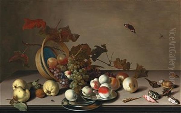 A Fruit Still Life With A Wicker Basket Oil Painting by Balthasar Van Der Ast