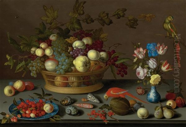 Large Still Life With Fruit On A Delft Plate, Seashells, Insects, Flowers In A Wanli Vase And Two Parrots Oil Painting by Balthasar Van Der Ast