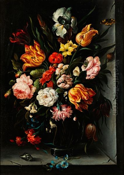 Blumenbouquet Mit Muscheln, Schnecke Und Schmetterling by Balthasar Van Der Ast