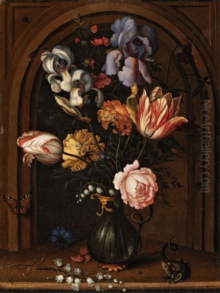 A Vase Of Flowers In A Niche With A Butterfly, Fly, Dragonfly And A Lizard Oil Painting by Balthasar Van Der Ast