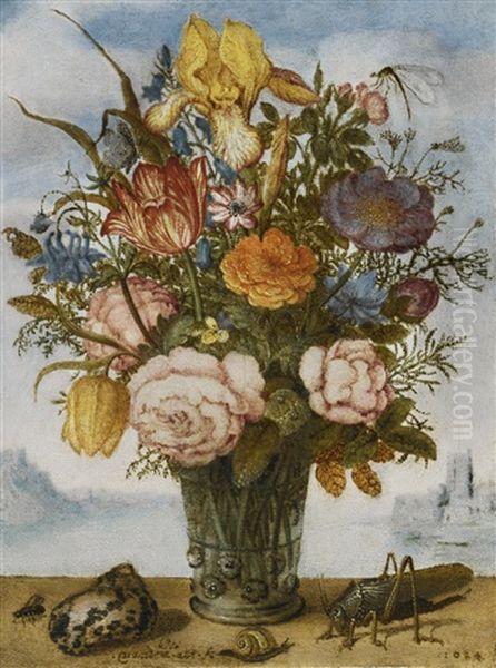 Flower Bouquet On A Ledge, Together With A Shell And A Grasshopper, A Panoramic Landscape Beyond Oil Painting by Balthasar Van Der Ast