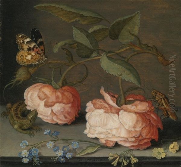 Roses With A Butterfly And A Grasshopper, Together With Forget-me-nots, Primroses And A Sand Lizard On A Stone Ledge Oil Painting by Balthasar Van Der Ast