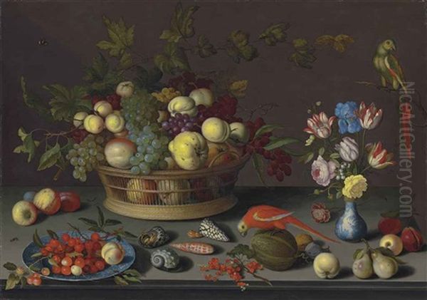 Grapes And Other Fruit In A Basket, Cherries And A Peach On A Delft Plate, Tulips, Irises And Other Flowers In A Wan-li Vase, Shells, And Other Fruit On A Stone Table, With Parrots Oil Painting by Balthasar Van Der Ast