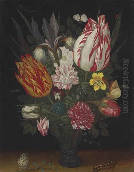 Tulips, Carnations, An Iris, A Dog Rose, A Cyclamen, Roses, A Pansy And Other Flowers In A Roemer With A Caterpillar And A Butterfly Oil Painting by Balthasar Van Der Ast