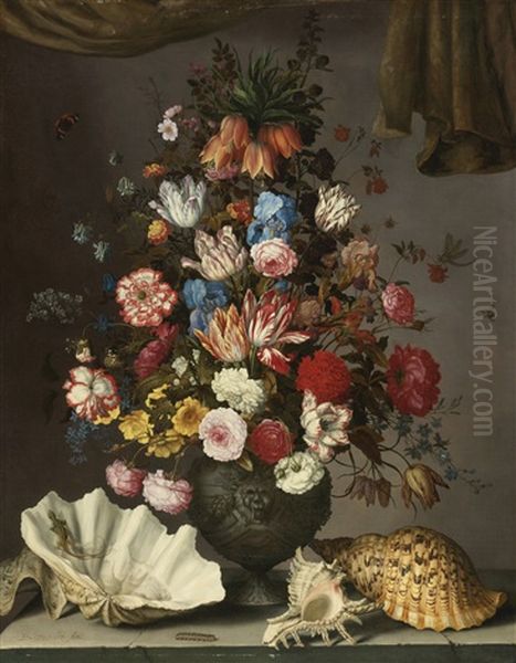 A Crown Imperial Lily, Tulips, Irises, Roses, Carnations, Aquilegia, Fritillaries And Other Flowers In A Sculpted Urn, With Seashells On A Stone Ledge, A Lizard, A Caterpillar, Red Admirals, A Dragonfly And A Bee, A Curtain Draped Above Oil Painting by Balthasar Van Der Ast