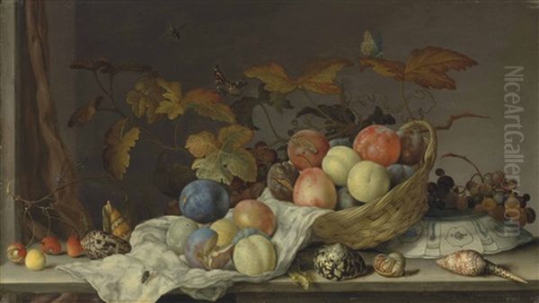 Plums And Peaches In A Woven Basket Leaning On A Wan-li Porcelain Bowl, With Grapes, Cherries, Shells, A Lizard, A Dragonfly And Other Insects, On A Stone Ledge Oil Painting by Balthasar Van Der Ast