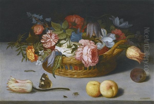 Still Life With Roses, Tulips, Irises And Other Flowers In A Wicker Basket, With Fruit And Insects On A Ledge Oil Painting by Balthasar Van Der Ast