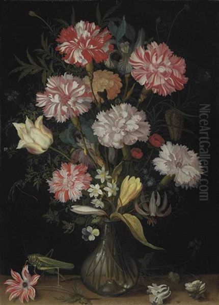 Carnations, A Tulip, An Iris, Fritillaries, A Crocus And Other Flowers In A Glass Vase, With A Grasshopper, A Snail And Other Insects On A Stone Ledge Oil Painting by Balthasar Van Der Ast