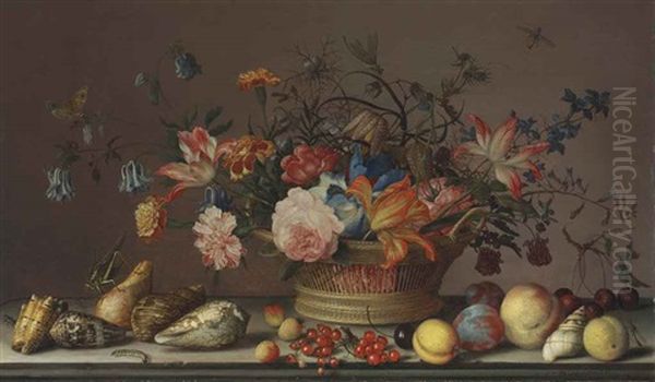 Parrot Tulips, Carnations, Columbine, Marigolds And Other Flowers In A Woven Basket, With Shells, Peaches, Cherries, Cranberries... Oil Painting by Balthasar Van Der Ast