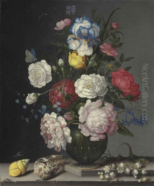 Roses, Anemone, Iris, Hyacinth, Lily Of The Valley, And Forget-me-nots, With Insects, Shells And A Lizard On A Stone Ledge Oil Painting by Balthasar Van Der Ast