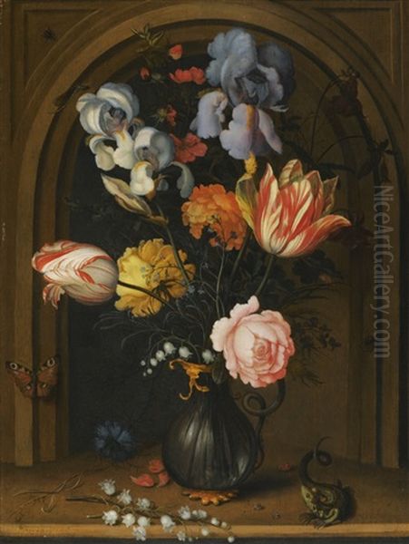 Still Life Of Irises, Columbines, Tulips, Roses And Lily Of The Valley In A Glass Vase Flanked By A Lizard And A Butterfly Oil Painting by Balthasar Van Der Ast