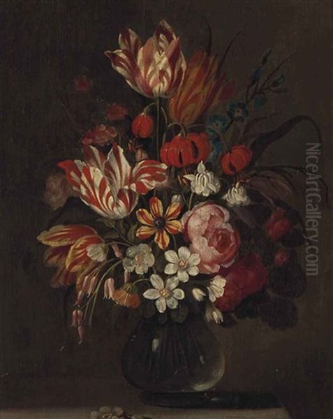 Still Life With Tulips And Carnations In A Glass Vase Oil Painting by Balthasar Van Der Ast