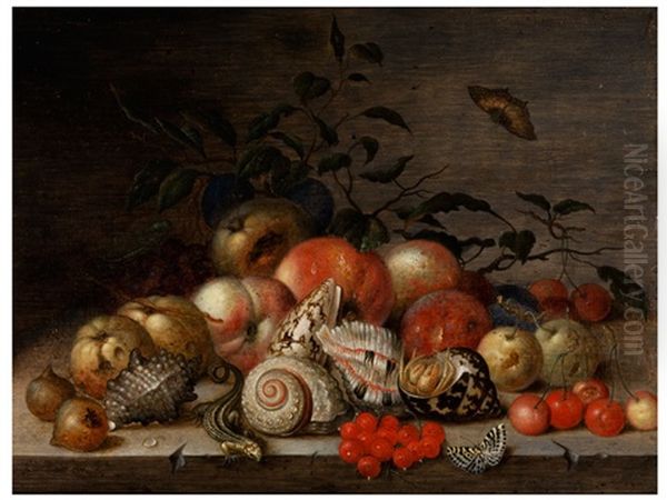 Fruchtestilleben Mit Muscheln, Krebs Und Eidechse Oil Painting by Balthasar Van Der Ast