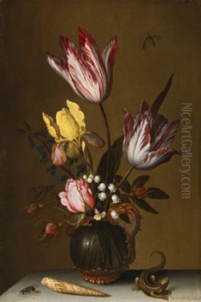 Still Life Of Tulips, Roses, An Iris And Lily Of The Valley In An Ornate Glass Jug On A Stone Ledge With A Lizard And A Shell by Balthasar Van Der Ast