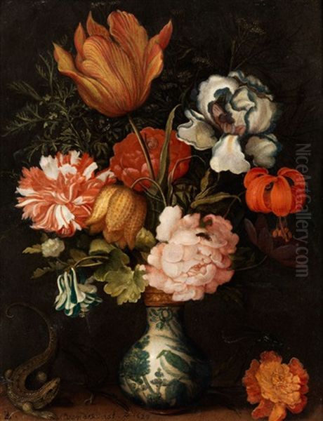 Stilleben Mit Blumenstrauss In Einer Wan-li Vase Mit Einer Eidechse Oil Painting by Balthasar Van Der Ast