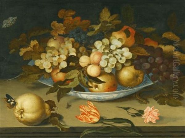 A Still Life With A Delft Bowl Containing Fruit, On A Ledge With Flowers, Insects And A Lizard Oil Painting by Balthasar Van Der Ast