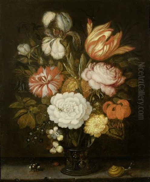 Blumenstrauss In Einem Romer Auf Einer Tischplatte Mit Kleiner Schnecke, Biene Und Marienkafer Oil Painting by Balthasar Van Der Ast