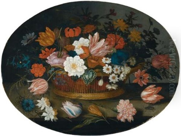 A Still Life Of Tulips, Roses, Narcissi, Daffodils, Hyacinths, Anemones And An Iris In A Basket On A Stone Ledge Oil Painting by Balthasar Van Der Ast