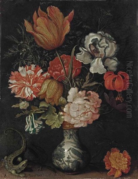 A Tulip, Iris, Rose, Fritillary, Martagon, And Carnation In A Wan-li Vase, On A Ledge With A Lizard And A Dragonfly Oil Painting by Balthasar Van Der Ast