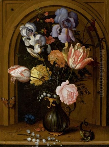 Blumenstilleben In Einer Glasvase Vor Einer Nische Mit Schmetterling, Eidechse, Fliege Und Libelle Oil Painting by Balthasar Van Der Ast