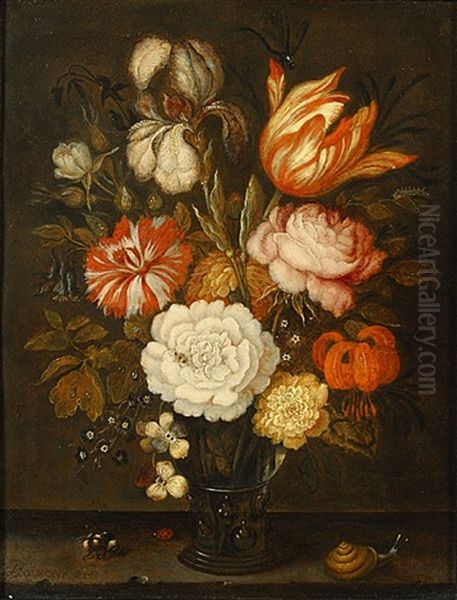 Stilleven Met Rozen, Tulp, Iris En Andere Bloemen In Een Roemer Op Een Stenen Richel Met Een Slak, Een Bij En Een Lieveheersbeestje Oil Painting by Balthasar Van Der Ast