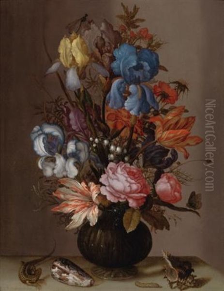 A Still Life Of Tulips, Roses, Irises, Lily-of-the-valley, African Marigolds And Other Flowers In A Gold-mounted Vase, With A Lizard, A Caterpillar And Sea Shells Oil Painting by Balthasar Van Der Ast