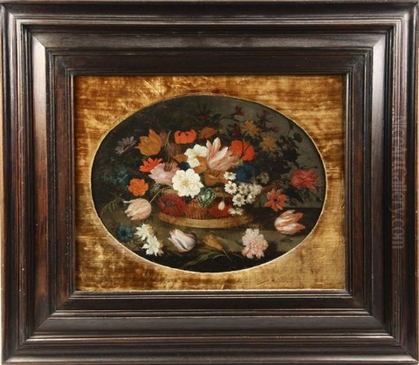 Flowers In A Basket With Bee On Tabletop (study) Oil Painting by Balthasar Van Der Ast