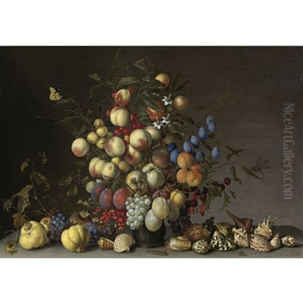 Peaches, Plums, Oranges, Apples, Cherries, Grapes, Red Currants, Black Currants, Crab Apples And Other Fruit In A Pewter Vase, With A Red Admiral, A Dragonfly And Other Insects, With Grapes And Other Fruit, Seashells, A Lizard, A Caterpillar And A Wasp On Oil Painting by Balthasar Van Der Ast