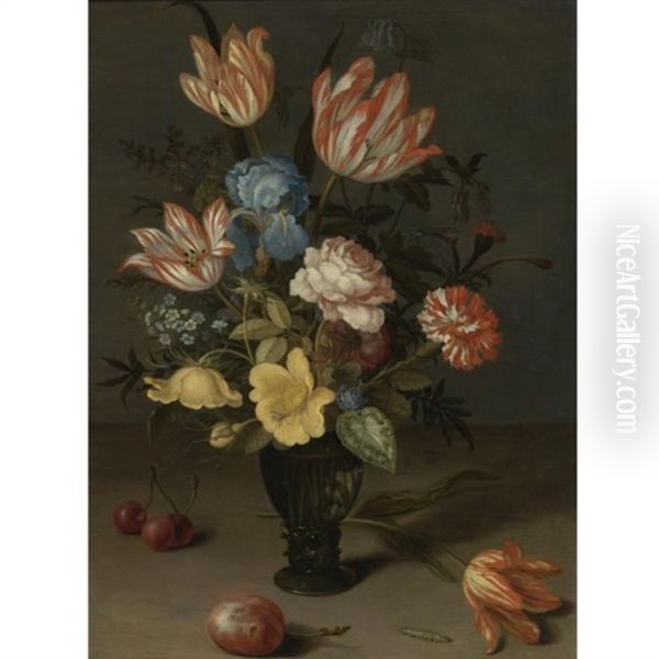 Still Life Of Tulips, Irises, Roses, Forget-me-nots, Chrysanthemums And Hypericum In A Roemer, With Cherries, A Plum, A Tulip And A Caterpillar On A Stone Ledge Oil Painting by Balthasar Van Der Ast