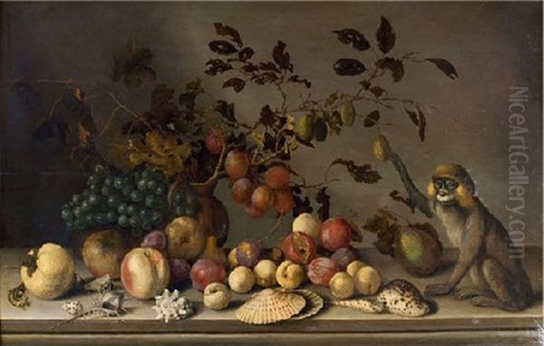 Nature Morte Aux Fruits, Aux Coquillages Et Au Singe Sur Un Entablement by Balthasar Van Der Ast