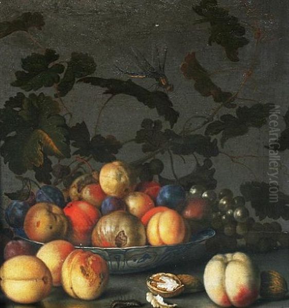 A Wan-li-kraak Bowl Of Fruit Beside Peaches, Walnuts, Plums And Grapes On A Wooden Table With A Caterpillar And A Dragonfly Oil Painting by Balthasar Van Der Ast