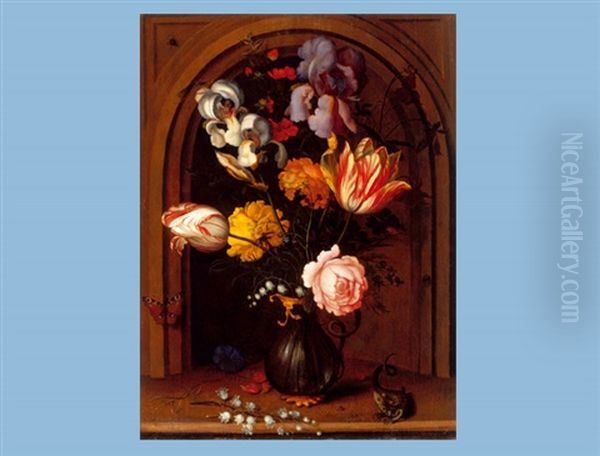 Bukett Von Iris, Rosen, Tulpen, Maiglockchen In Einer Glasvase Vor Einer Nische Mit Einem Salamander Und Schmetterling by Balthasar Van Der Ast