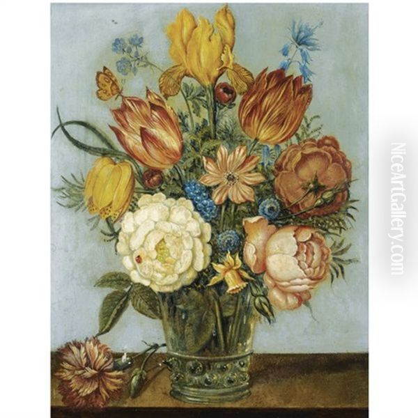 A Still Life With Tulips, Roses, Daffodils, Forget-me-nots And Other Flowers In A Glass Vase On A Wooden Ledge Oil Painting by Balthasar Van Der Ast